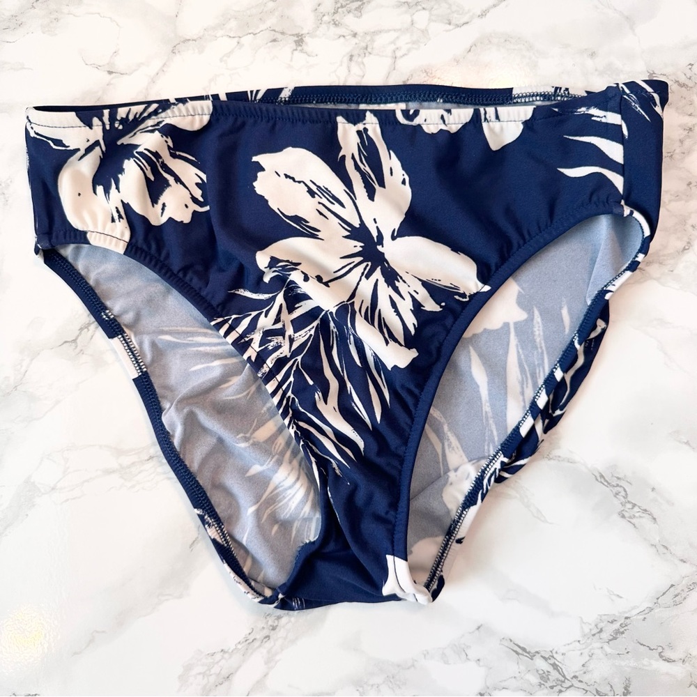 Venus | High Waist Navy Blue Hibiscus Swim Bottoms
